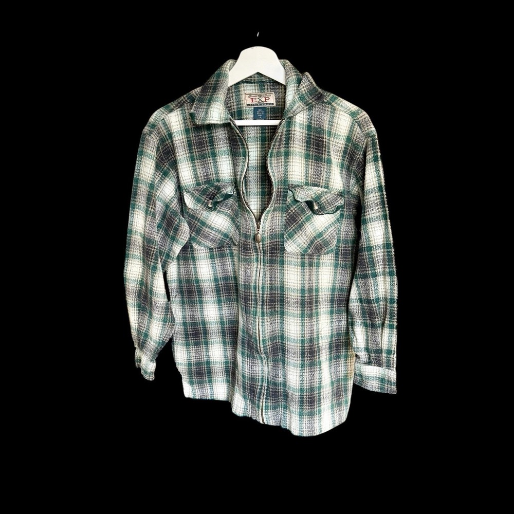 Vintage 90's Express Womens Flannel Shirt Jacket Small‎ Green Plaid Full Zip Top